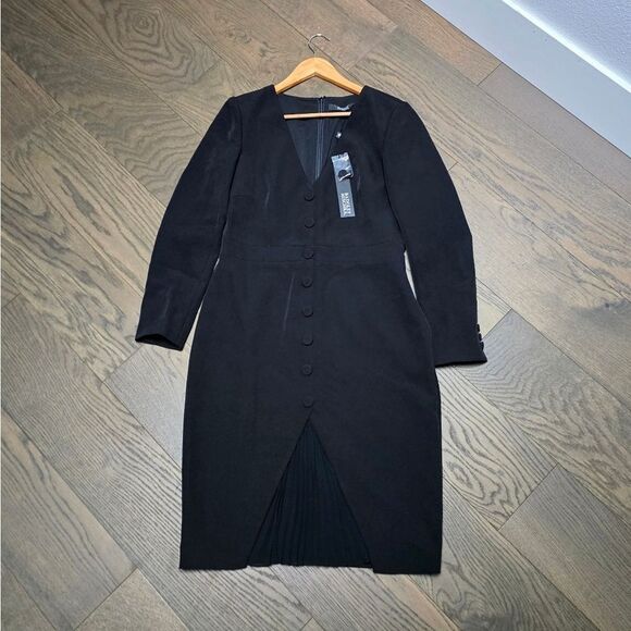 🆕️ Badgley Mischka Tailored Buttoned Long Sleeve Pleated Midi Dress in Black - Picture 8 of 16